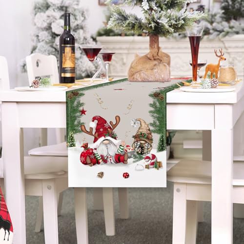 Bonhause Christmas Gnomes Table Runner 13x72 Inch with Pine Branches – Seasonal Holiday Kitchen Decor