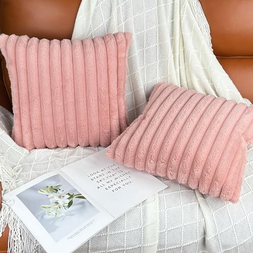 Pink Faux Fur Throw Pillow Covers 18x18, Set of 2 Soft Fluffy Cushion Cases