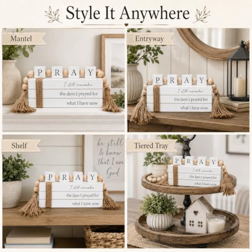 Farmhouse Decorative Faux Book Stack with Pray Garland and Wood Tassels