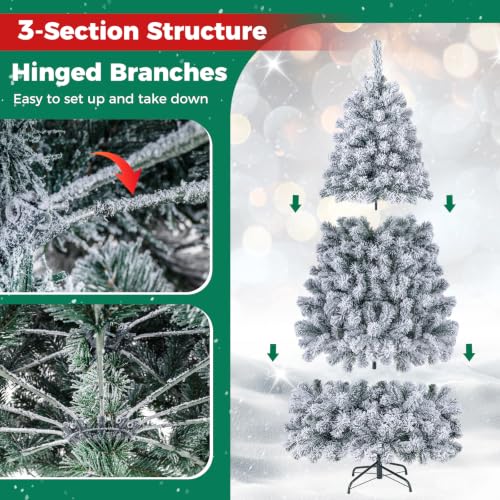 HAPPYGRILL 6ft Pre-Lit White & Green Christmas Tree with Snow Flocked Needles, 600 Tips, LED Lights & Metal Stand