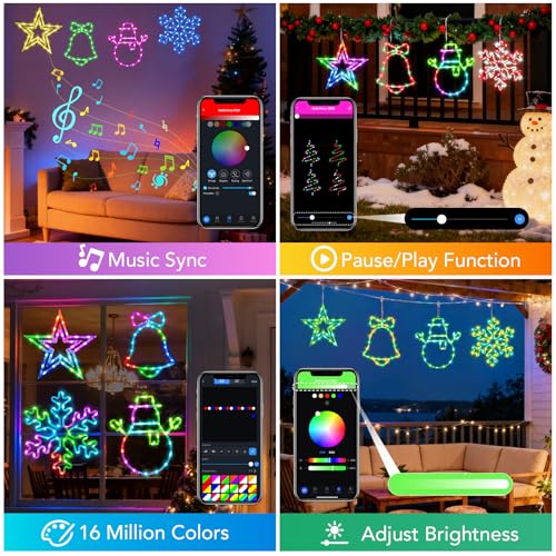 MOZUGUTAO 4 Pack Smart RGB Christmas Window Lights with App & Remote, Music Sync & Timer — Indoor & Outdoor Holiday Decor