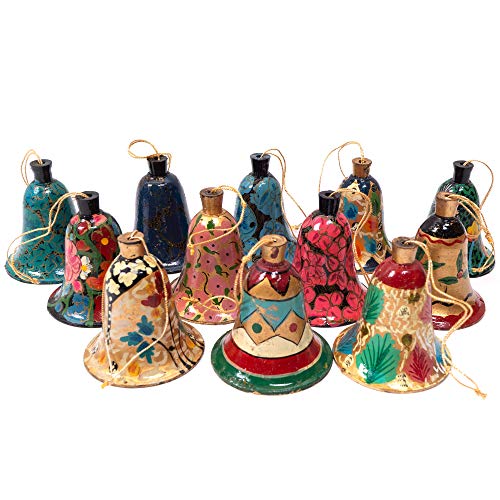 12-Piece Vintage Hand-Painted Wooden Bell Christmas Ornament Set