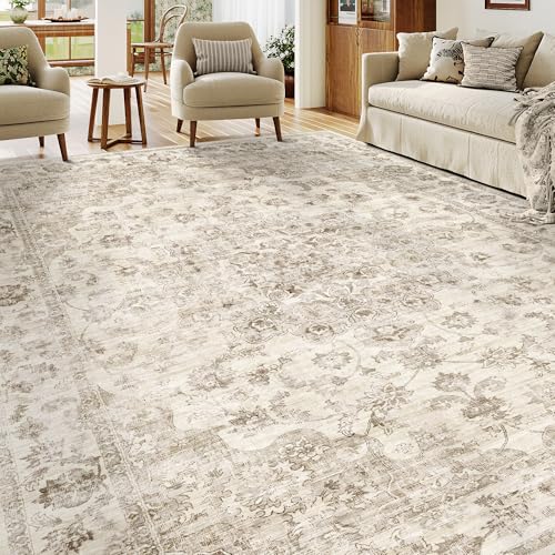 8x10 Beige Neutral Area Rug, Washable Non-Slip Vintage Farmhouse Rug
