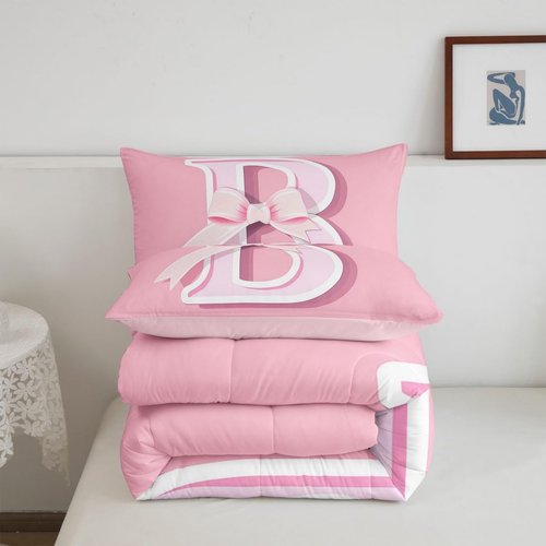 jejeloiu Pink Bow Bedding Set, Gifts for Women Teen Girl,Full Size, Decor Monogrammed Bedding Set, Personalized Initial B Ultra Soft Comforter Modern Fashion,Duvet Set Room Decor Quilt Set