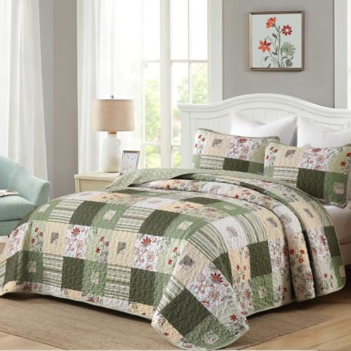 Anibedding Floral Patchwork Quilt Set - 3 Piece Lightweight King Bedspread
