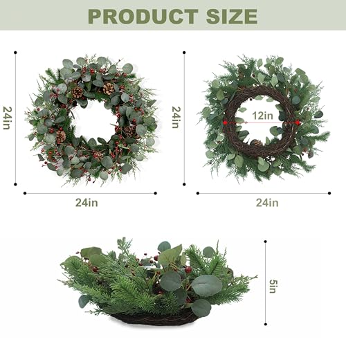 24-Inch Christmas Wreath with Red Berries, Pine Cones, and Eucalyptus Leaves