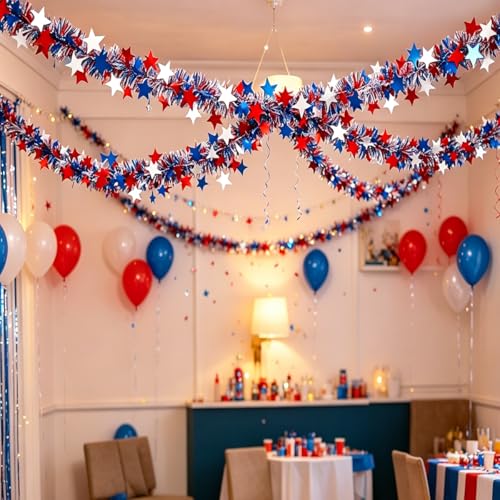 Patriotic Red White & Blue Star Tinsel Garland - 33 Ft 4th of July Decor