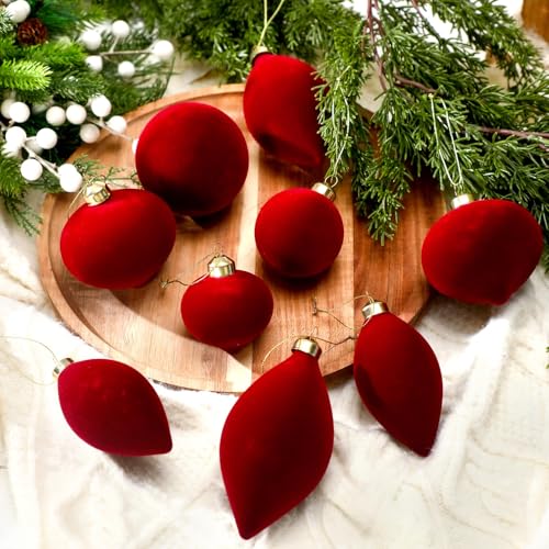 Red Velvet Christmas Ball Ornaments 12Pcs Glass Flocked Decorative Ornaments