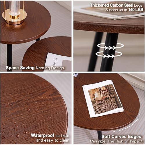 2-Piece Nesting Coffee Table Set, Mid-Century Modern Walnut Oval Tables