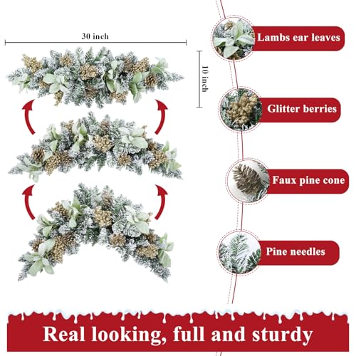 30-Inch Flocked Christmas Swag with Pine Cones & Berries for Door & Wall Decor