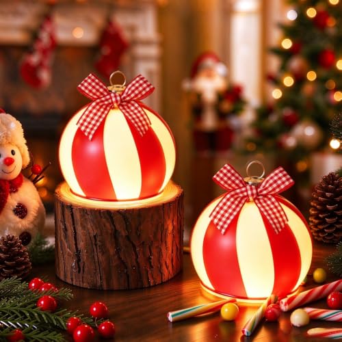 2 Pcs Christmas Candy Cane Glass Globe Ball with LED Light - Holiday Decor