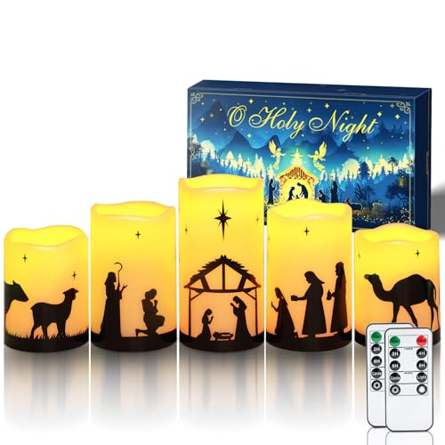 Flameless Nativity Scene LED Pillar Candles with Remote & Timer - 5 Pack