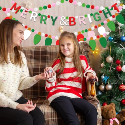 3-Piece Christmas Felt Garland Set with Pompoms, Lights & 'Merry & Bright' Banner