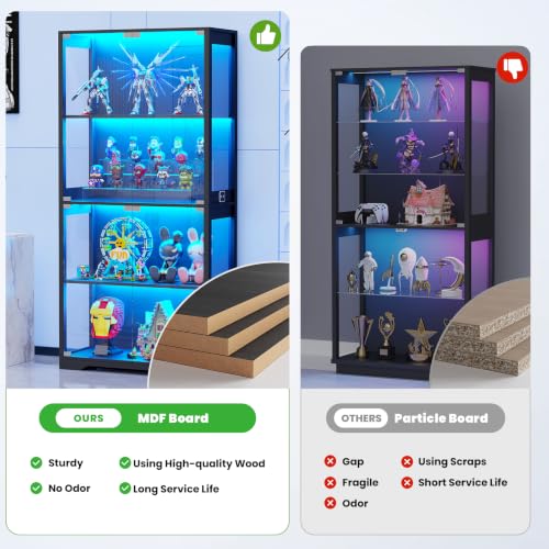 4-Tier Glass Display Cabinet with 3-Color LED Lights, Black Curio Case