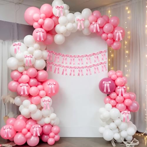 2-Pack Pink Bow Garland Banner - Pre-Strung Satin Ribbon Party Decor