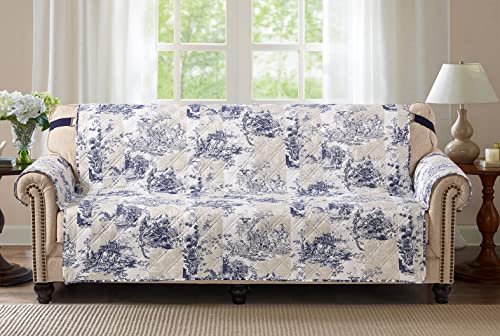 Beige and Ivory Blue Toile Loveseat Cover | Washable Quilted Protector