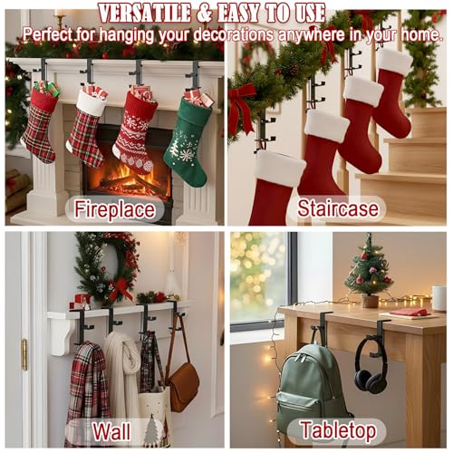 2-in-1 Adjustable Mantel Garland and Stocking Holders, Heavy-Duty No-Drill Hooks