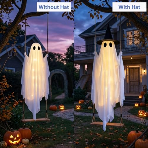 5FT Halloween Swinging Ghost Outdoor Decor with LED Lights and Detachable Witch Hat