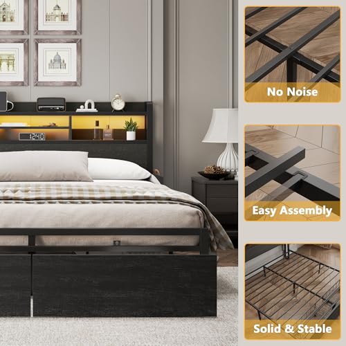 Full Size Metal Platform Bed Frame with LED Headboard, Charging Station & Drawers