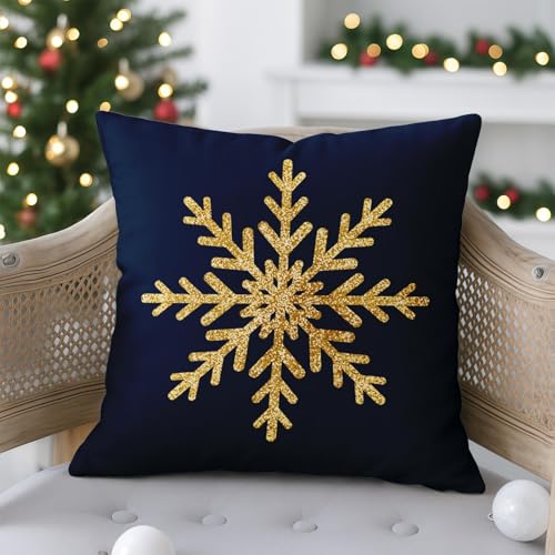 Blue Snowflake Gold Throw Pillow Covers Set of 2, 18x18 Inches - Emvency