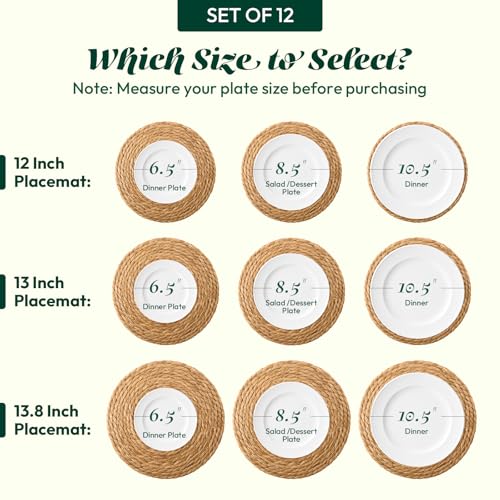 13-Inch Round Woven Placemats, Natural Rush Charger Plates Set of 12