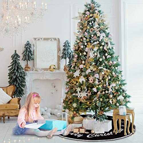 30-Inch Rustic Black Burlap Christmas Tree Skirt with Snowflakes