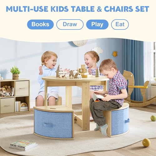 Kids Round Table and Chair Set with Storage Drawers - Wooden Toddler Activity Furniture