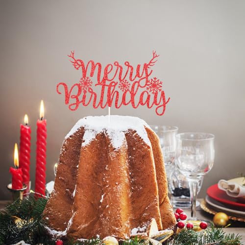Red Merry Birthday Cake Topper Glitter Decor - AROKIPPRY Xmas Theme