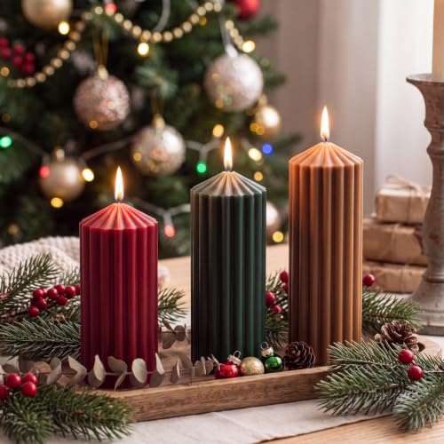 Mtlee 3-Pack Christmas Ribbed Pillar Candles - Burgundy, Forest Green, Brown (Christmas Vintage)