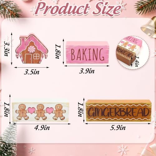 Pink Gingerbread House & Man Christmas Table Decorations Set - Wooden Holiday Centerpieces