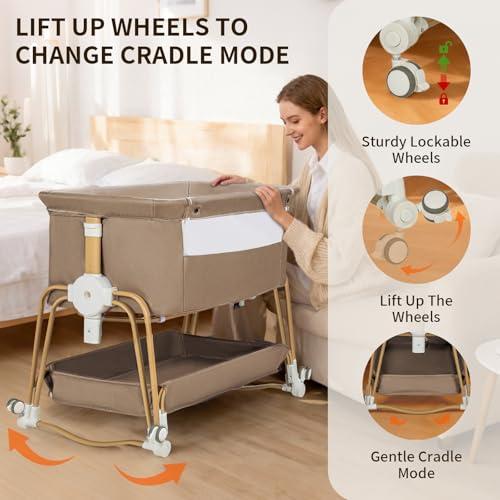 4-in-1 Portable Baby Bassinet Bedside Sleeper with Wheels & Storage - Khaki