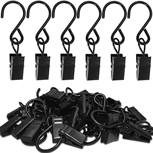 AMZSEVEN Stainless Steel Curtain Clips with Hooks, 2.4 Inch Black Party Light Hangers, 50 Pack