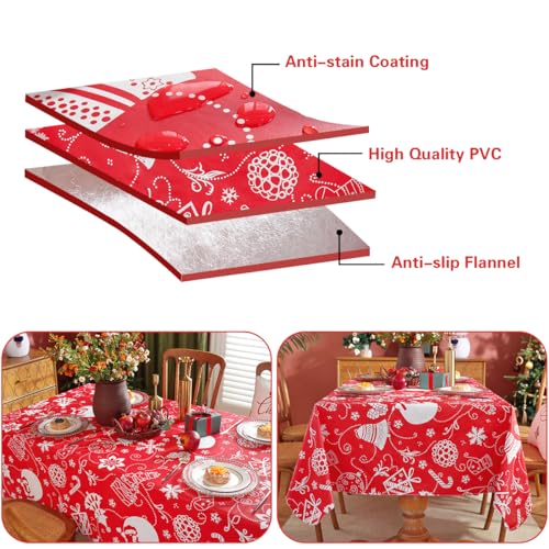 Christmas Vinyl Tablecloth 52x70 Rectangle - Waterproof, Flannel Back Red