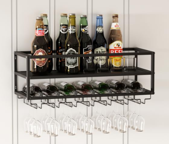 MAIKAILUN Wall Mounted Wine Rack Black with Glass Holder 30in Metal Bottle Holder Hanging Multi Functional Wine Storage Display Rack for Home Bar Dining Room Kitchen (Black, 2-Tier)