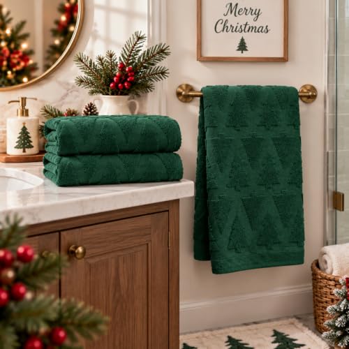 Hahafelt Christmas Tree Hand Towels Set - Dark Green, 3pcs, Cotton Bathroom Decor