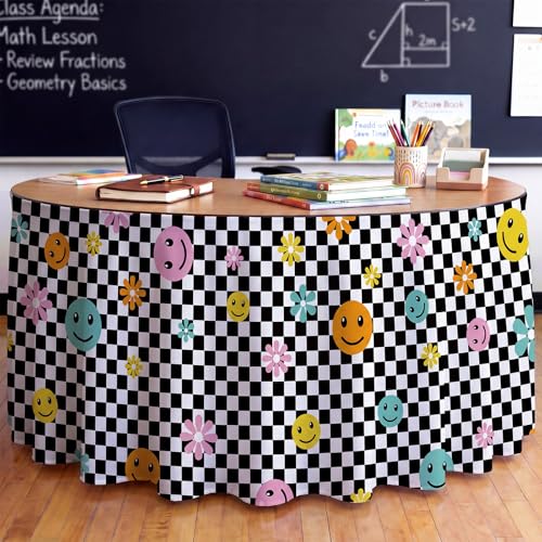 12ft Black and White Checkerboard Desk Skirt with Smile Faces and Flowers