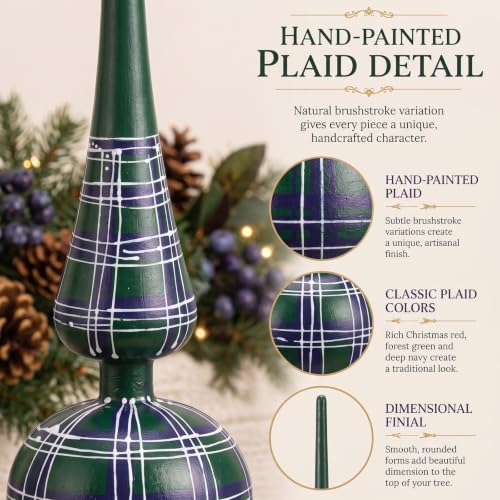 12'' Green Tartan Christmas Tree Topper Double Gourd Finial Ornament - Hand-Painted
