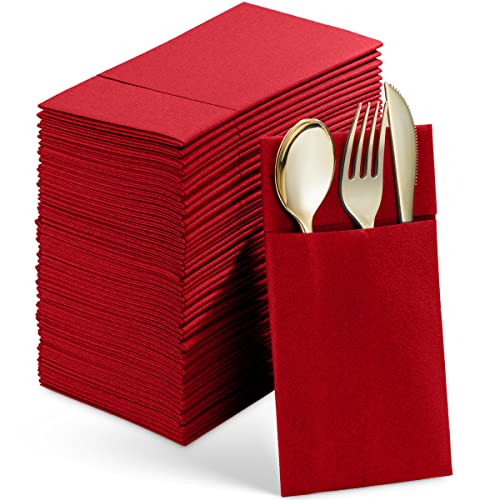 Servietto 50-Pack Red Linen-Feel Napkins with Built-In Flatware Pocket, 16x12"