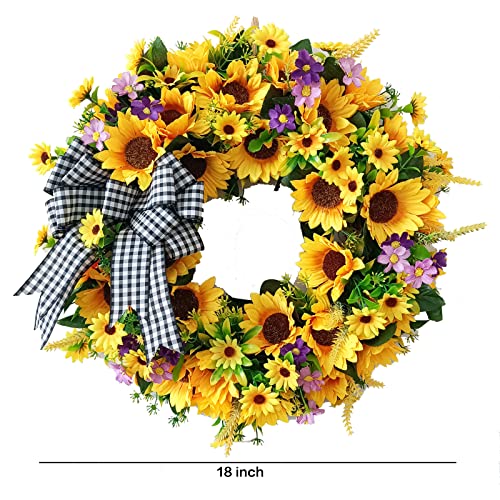 18-Inch Artificial Sunflower Wreath with Bow for Front Door Spring Decor