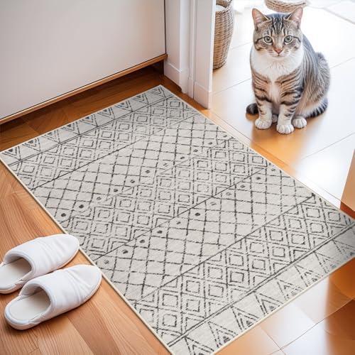 2x3 Moroccan Entryway Rug, Washable Grey Small Area Rug with Non-Slip Backing