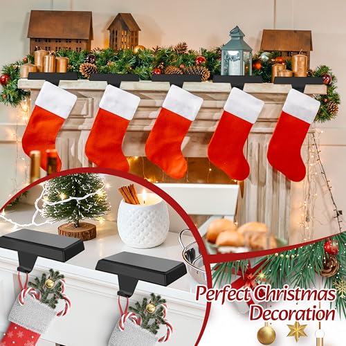 Palonu 5 Pcs Black Christmas Stocking Holders with Non-Slip Pads – Heavy-Duty Iron Mantle Hooks