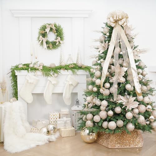 Champagne Gold Christmas Tree Topper Bow with Glitter Mesh Streamer 40in - 12in Diameter, Circle Variation