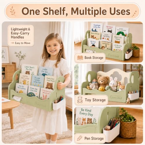 JOOMLAFLY Green Kids Bookshelf for Toddler - Front Facing Montessori Book Organizer, 3-Tier, BPA-Free HDPE, Tool-Free Assembly