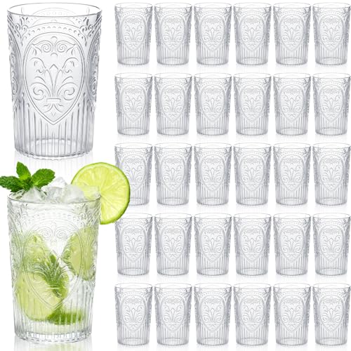 Acellegic 48 Pack 16 oz Clear Vintage Plastic Drinking Glasses Bulk - Embossed Design