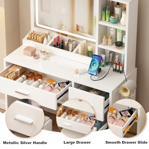 Vanity Desk with Mirror and Lights, 4-Drawer Makeup Table Set with Bench