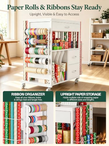 Rolling Gift Wrapping Paper Storage Cart with Ribbon Holder and Drawers