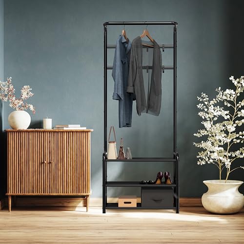 Standing Hall Tree with Hanging Rod, 8 Hooks, and Storage Shelves, Black Metal