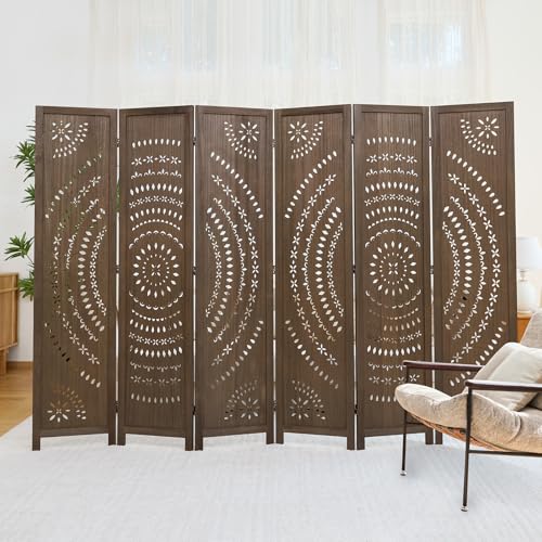 6-Panel Folding Room Divider, Freestanding Wood Carved Privacy Screen
