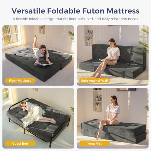 8-Inch Foldable Tufted Floor Mattress and Sofa Bed, Dark Grey