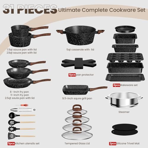 31-Piece Nonstick Pots and Pans Set - Induction Cookware & Bakeware